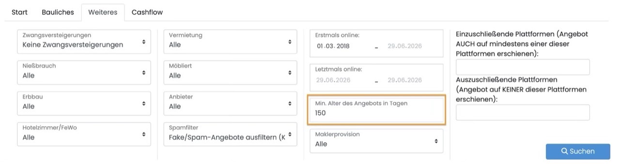 Filter „Min. Alter des Angebots in Tagen“ auf 150 Tage gesetzt in der ImmoMetrica-Suche