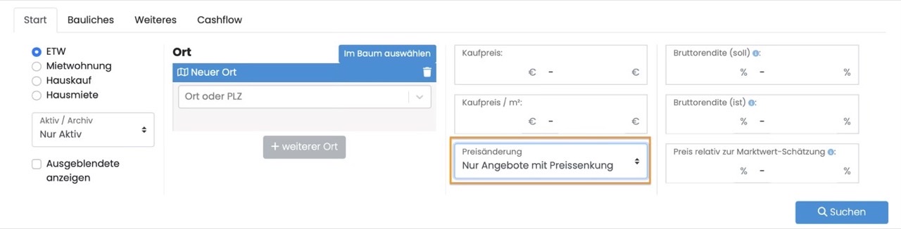 Filter „Nur Angebote mit Preissenkung“ im Startreiter der ImmoMetrica-Suche